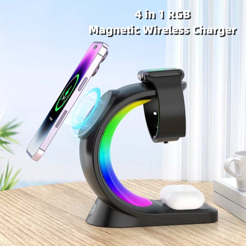 4-in-1 magnetic wireless charger in black with RGB light effect