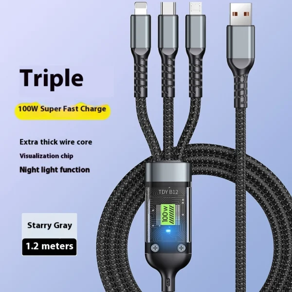 Mobile Phone Data Cable One-to-three Digital Display With Light Three-in-one Fast Charge Car Charging Cable