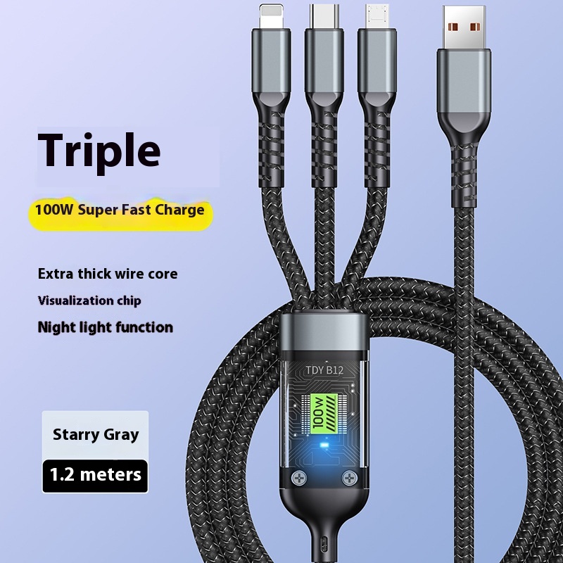 Three-in-one fast charge data cable with digital display and light