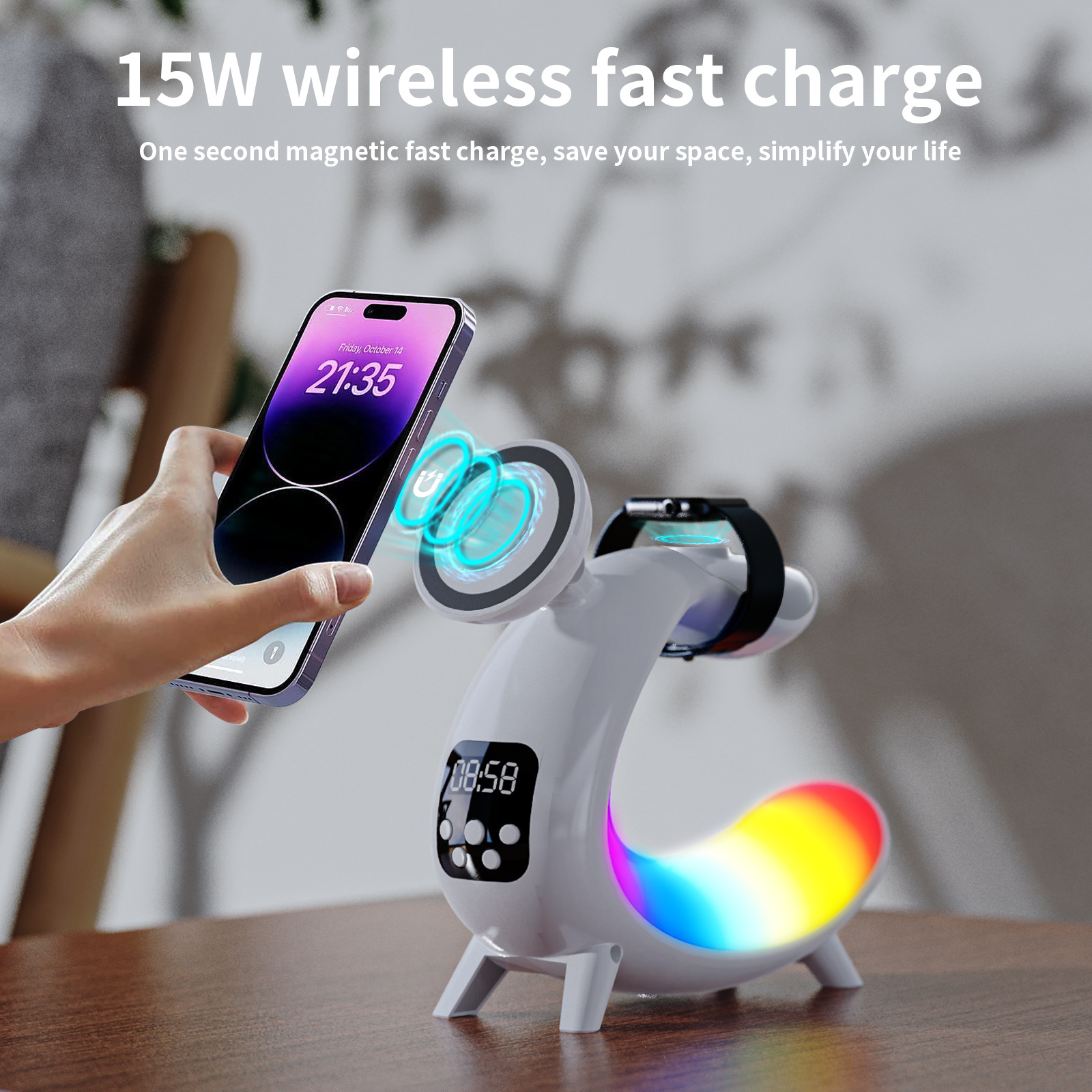 Liuyi white multi-function wireless charging bedside lamp front view