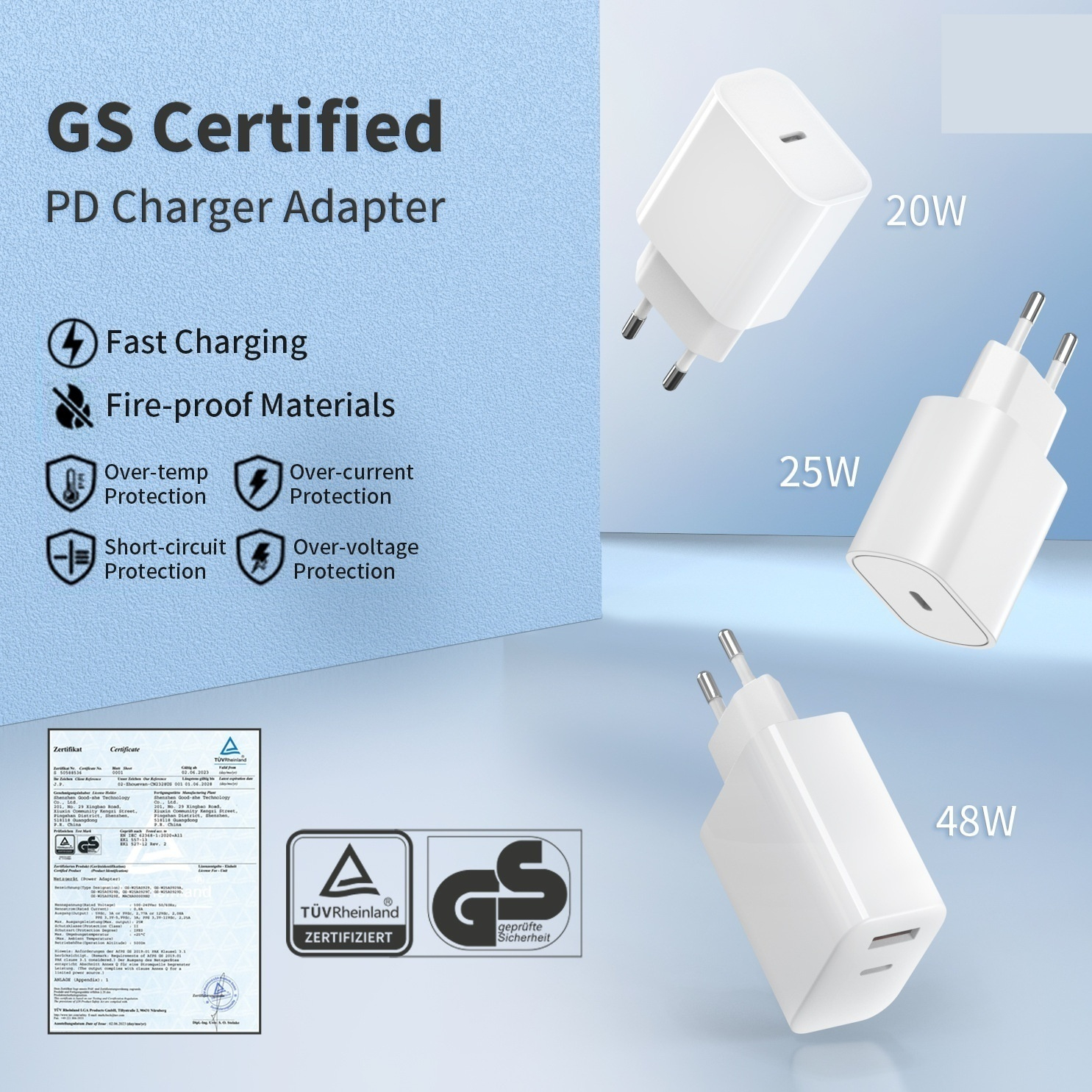 GRS GS certified 20W fast charge plug white front view