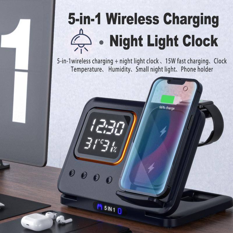15W wireless charging stand with LED clock showing time and device charging