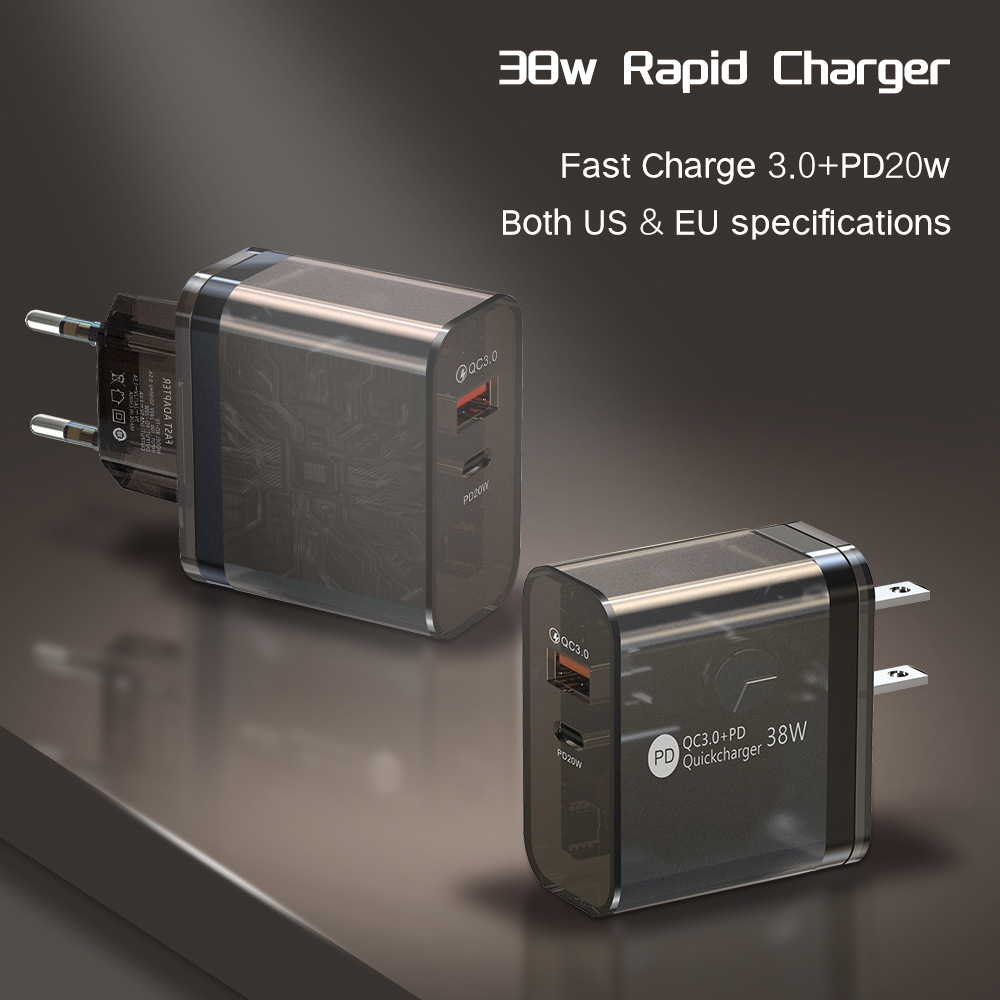 38W transparent case charging adapter angled view