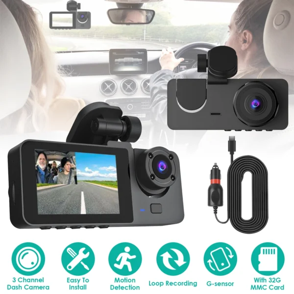 3-Channel Car Dash Cam with 32GB MMC Card