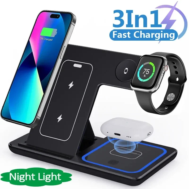 15W 3-in-1 foldable LED fast wireless charger black front view