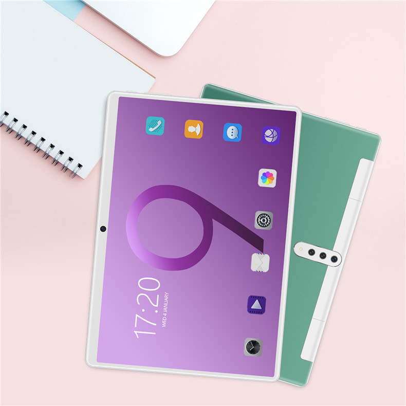 Smart 10.1 inch Android tablet front view on white surface