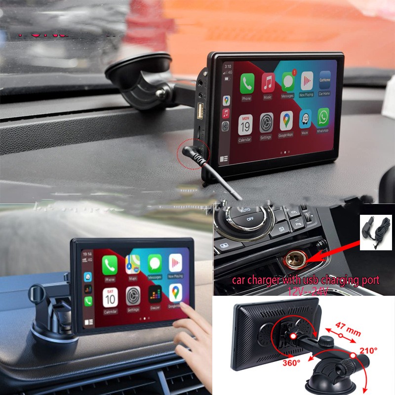 Portable 7-inch IPS car smart screen showing wireless projection