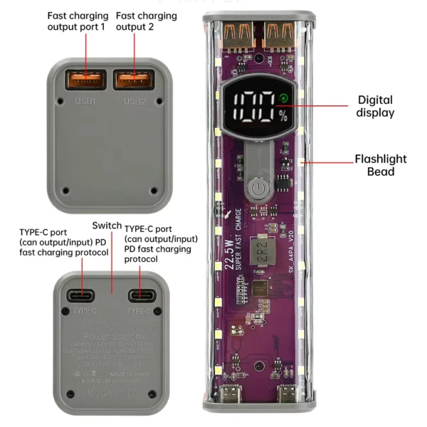 Transparent 8-Cell 18650 Power Bank Case with Fast Charging