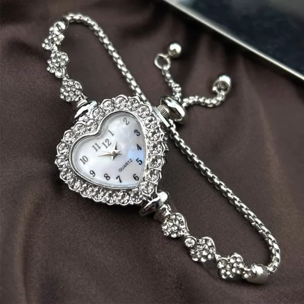 Heart-Shaped Ribbon-Strap Diamond Flower Watch for Women