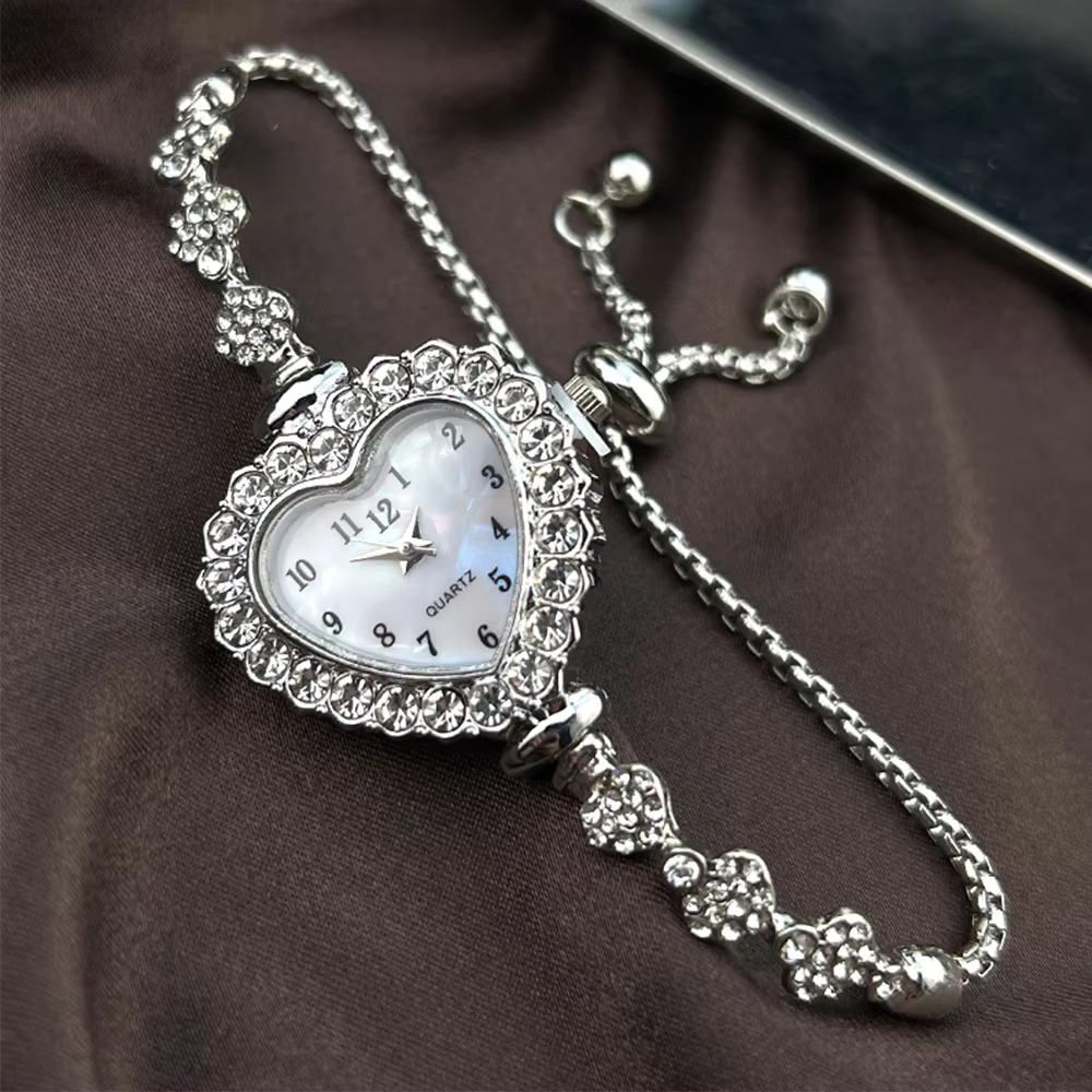 Heart-Shaped Ribbon-Strap Diamond Flower Watch for Women