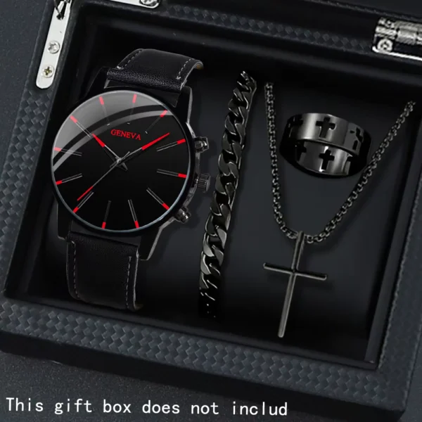Men's Casual 4-Piece Quartz Watch Set with Leather Strap