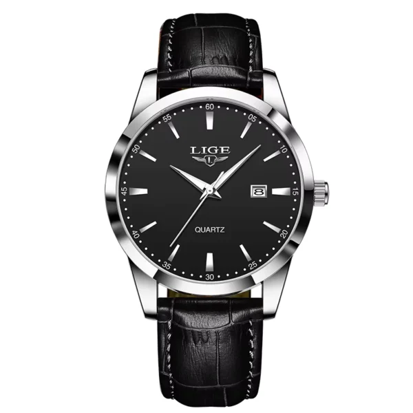 LIGE Men's Gold-Plated Quartz Watch with Leather Strap