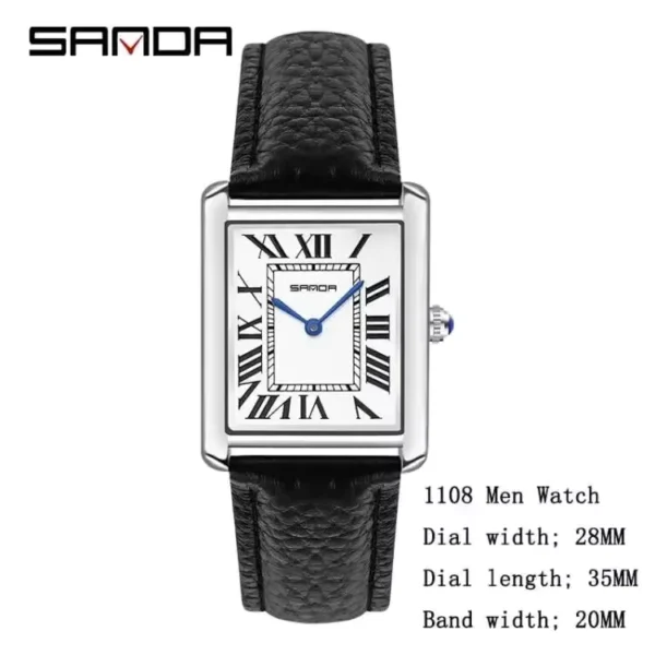 SANDA Waterproof Square Dial Leather Strap Quartz Watch