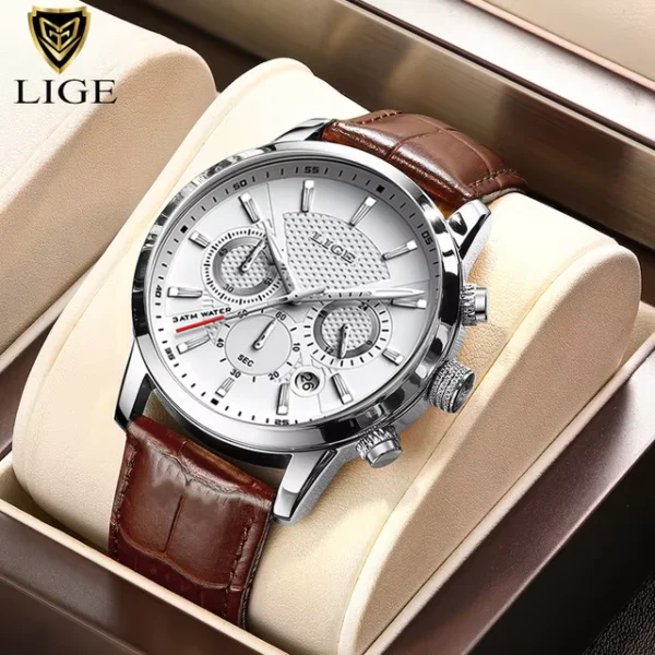 LIGE 2025 Men's Leather Strap Military Quartz Watch