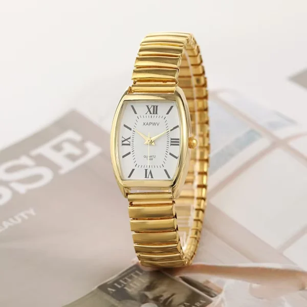 Elegant Barrel-Shaped Quartz Watch with Stainless Steel Band