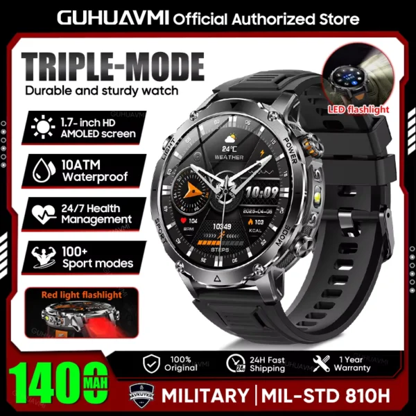 2026 Military Smart Watch with 1400mAh Battery & Heart Rate