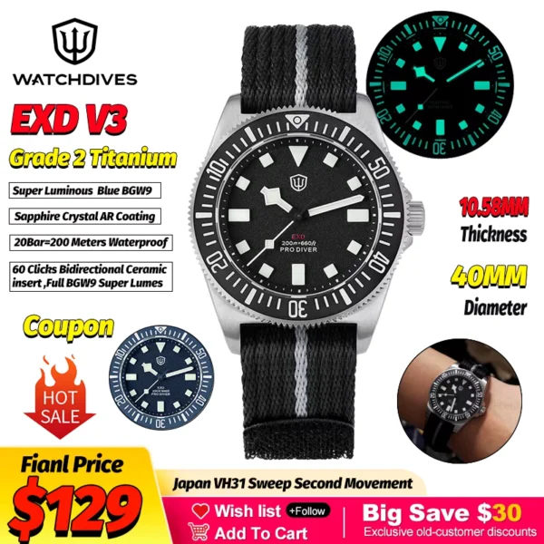 Watchdives EXD 40mm Titanium Dive Watch with VH31 Quartz