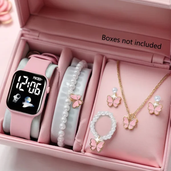 Square Digital Watch with Beaded Butterfly & Spaceship Design