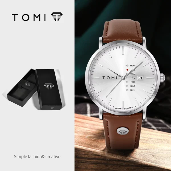 TOMI Trendy Men's Quartz Watch Leather Strap Calendar