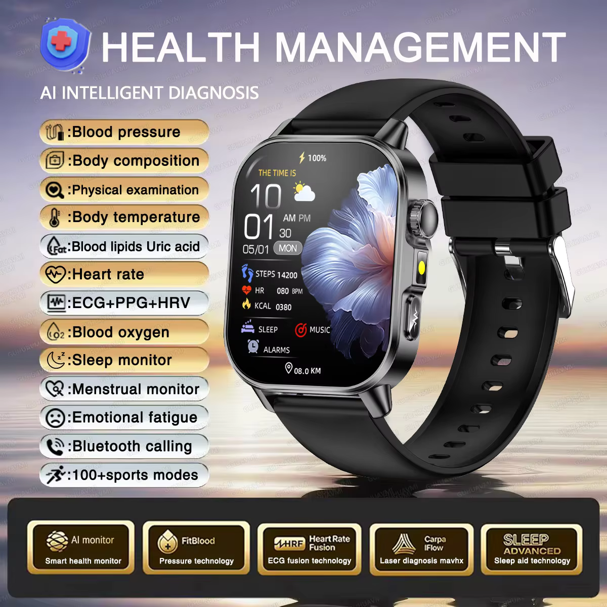 GUHUAVMI 2026 Smartwatch with ECG HRV BP Uric Acid