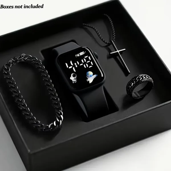 Men's 4-Piece Accessory Gift Set with Digital Watch & Jewelry