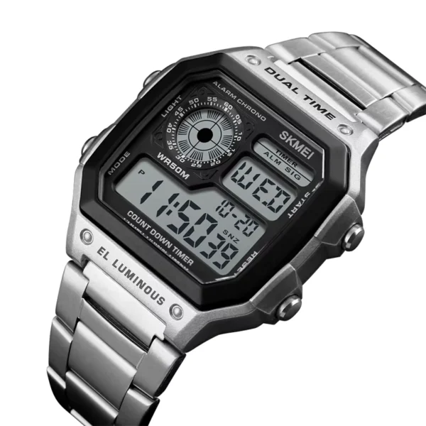 Skmei Men's Dual Time Zone Digital Sports Watch Stainless Steel