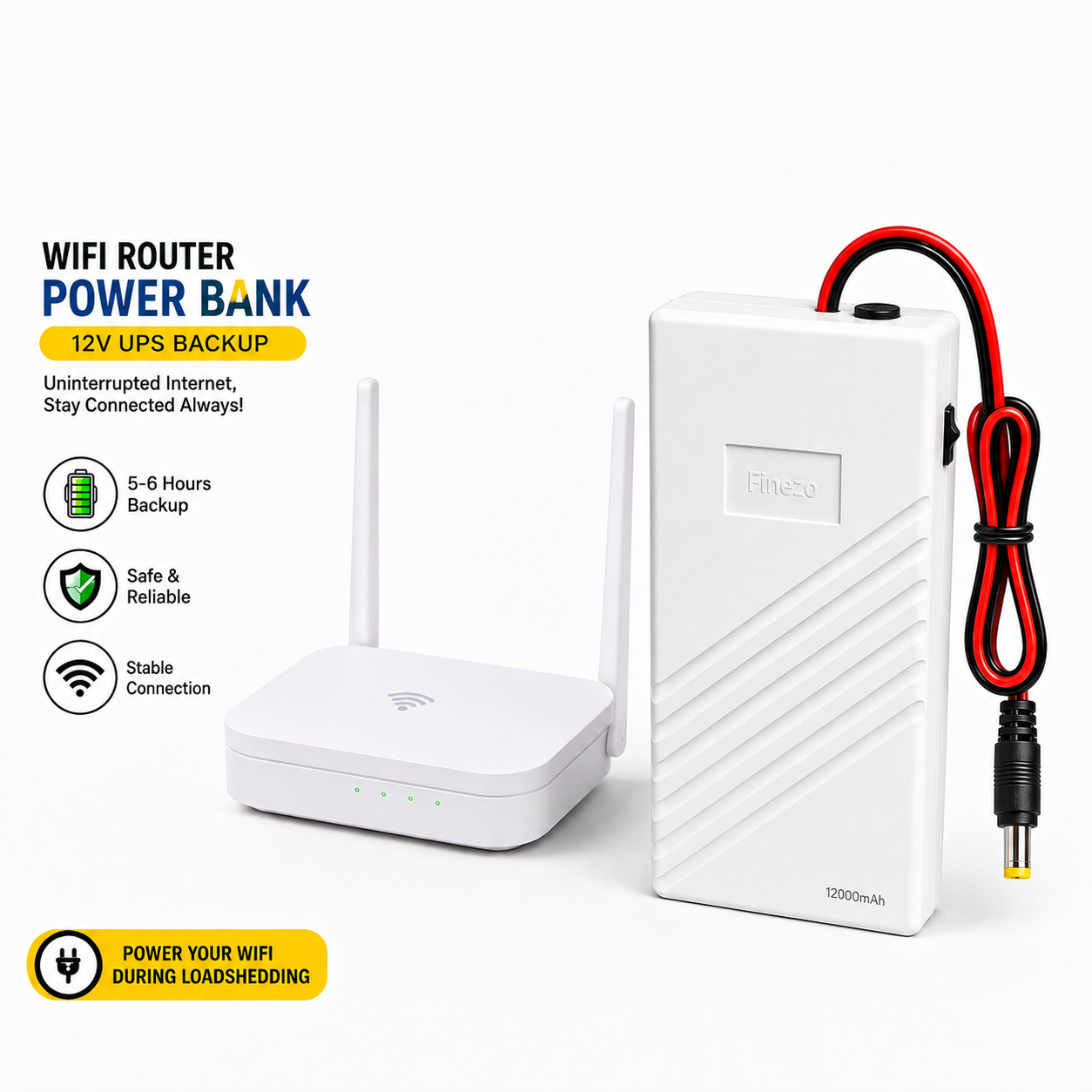 Finezo 12000mAh WiFi Power Bank Mini UPS for Load Shedding