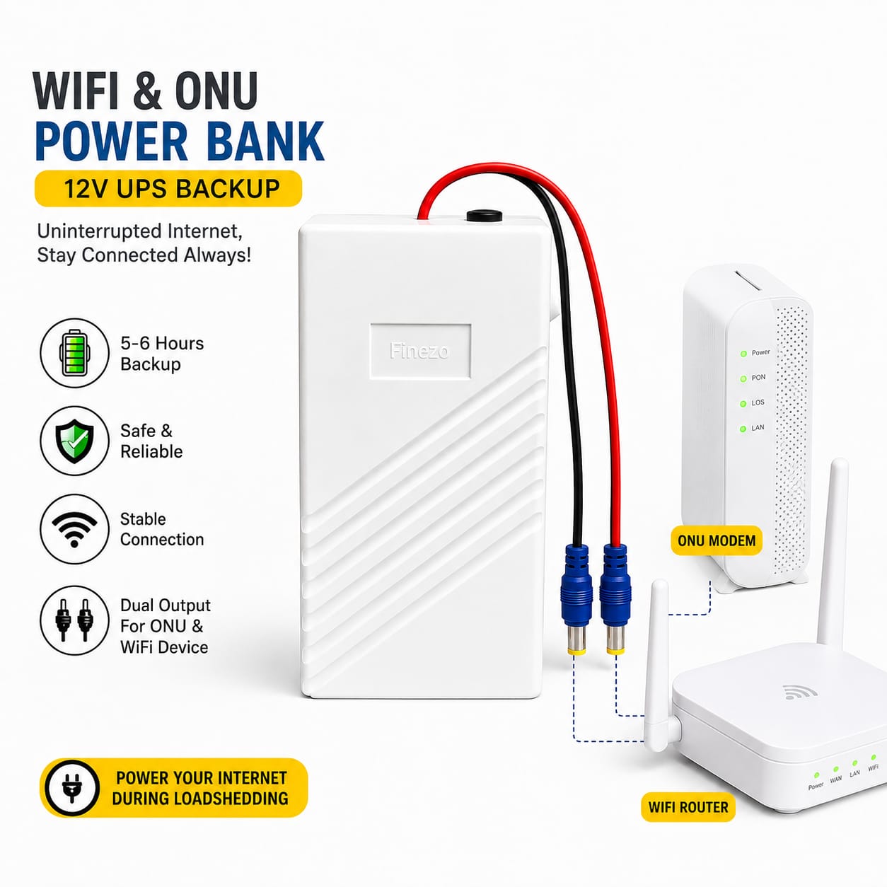 Finezo 12000mAh Mini UPS Power Bank for WiFi Devices