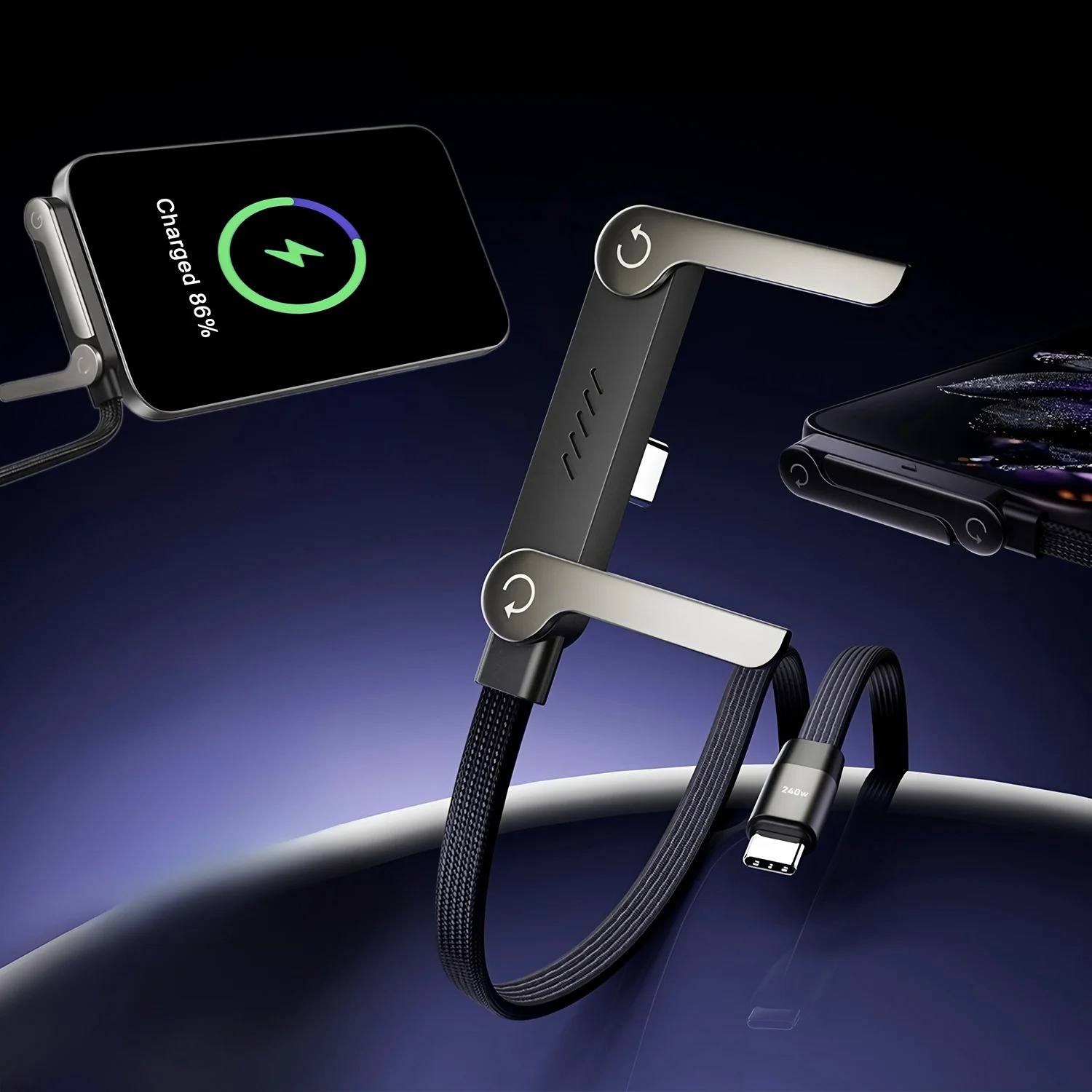 240W Folding Phone Holder with Right Angle Fast Charging Cable