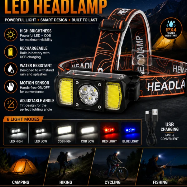 USB Rechargeable LED Headlamp with Motion Sensor