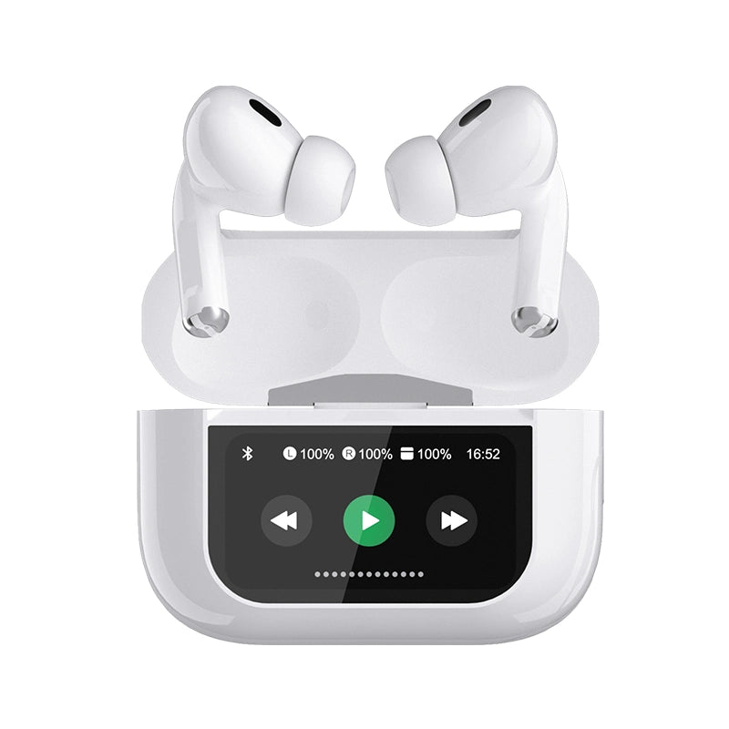 A9 White Bluetooth Earbuds with LCD Display Case