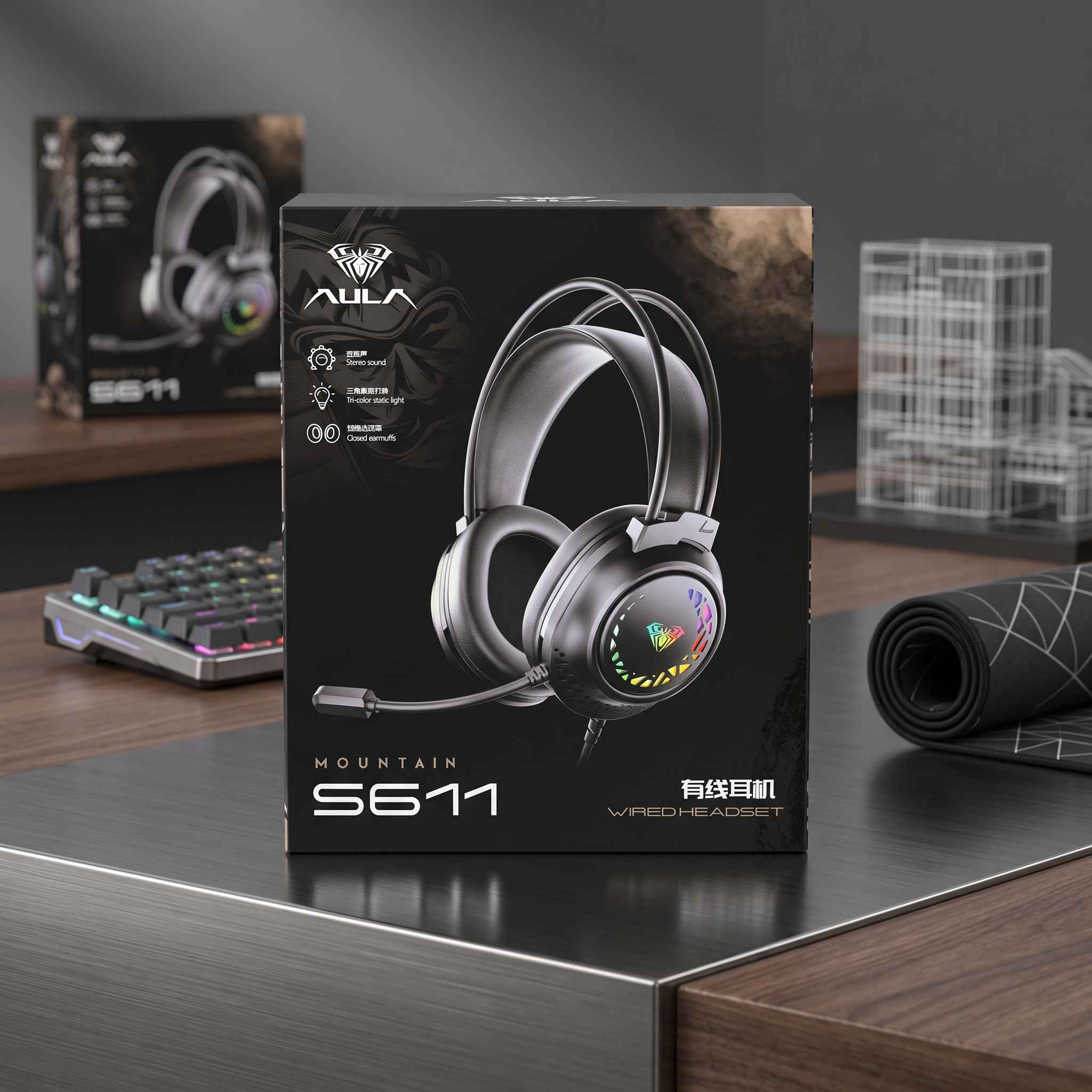 AULA S611 Wired Gaming Headset with Stereo Sound & LED