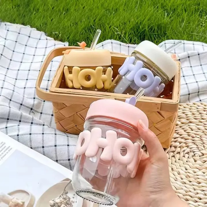 Trendy Glass Water Bottle with Pearl Handle and Straw