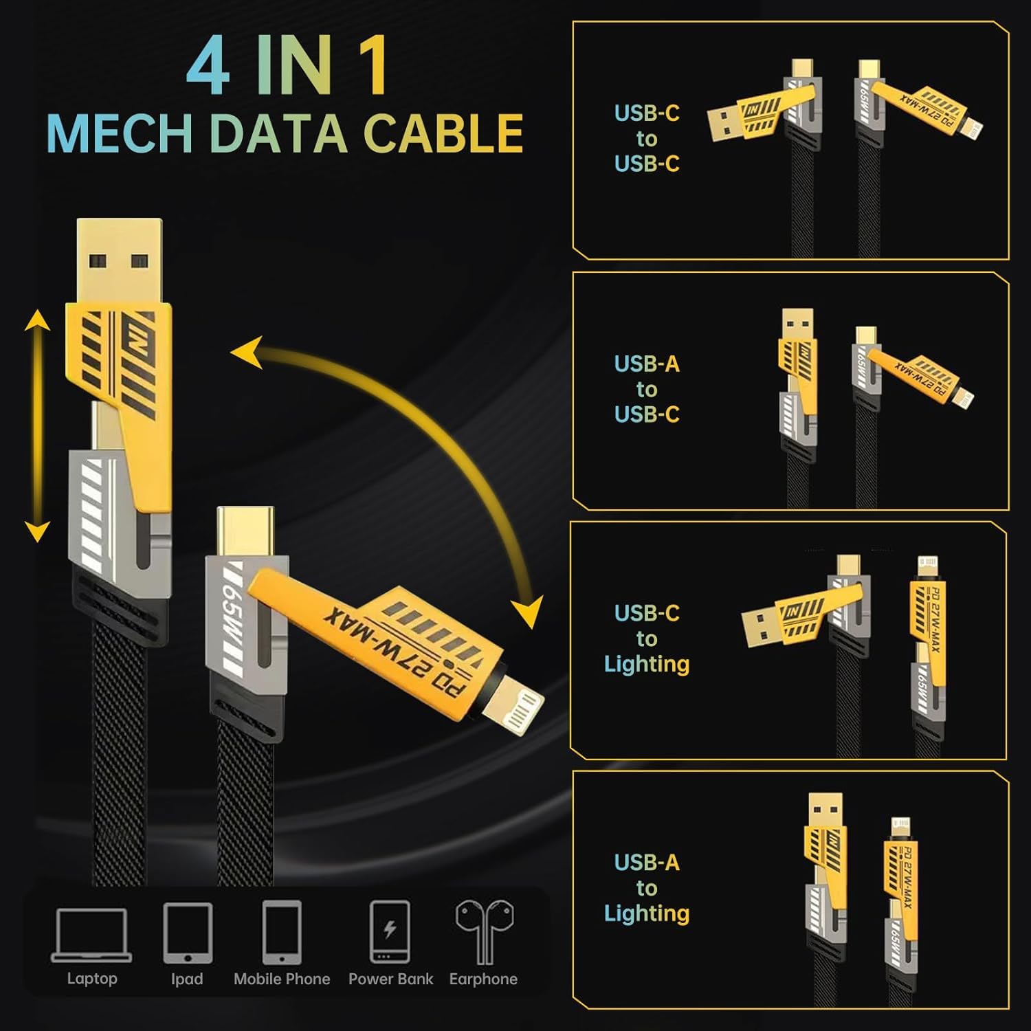 4-in-1 Braided Data Cable USB-A & USB-C to Lightning