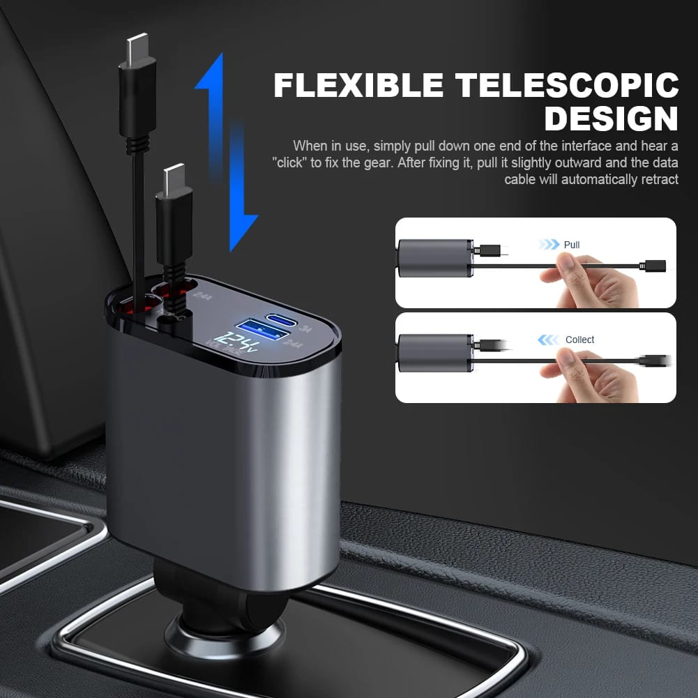 4 In 1 120W Retractable Car Charger Without Light