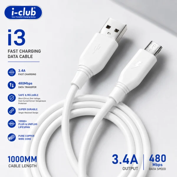 i-Club i3 3.4A Fast Charging Micro USB Cable for Android