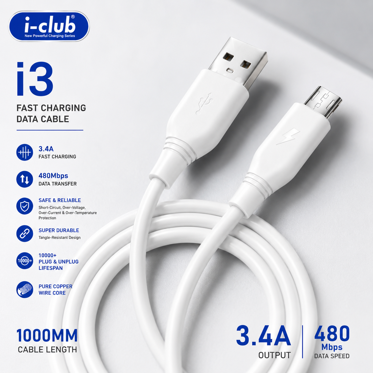 i-Club i3 3.4A Fast Charging Micro USB Cable for Android