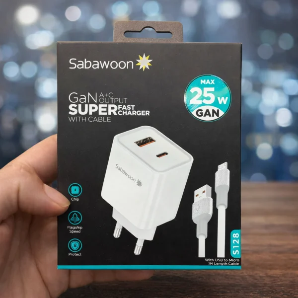 Sabawoon 25W GaN A+C Fast Charger with Cable