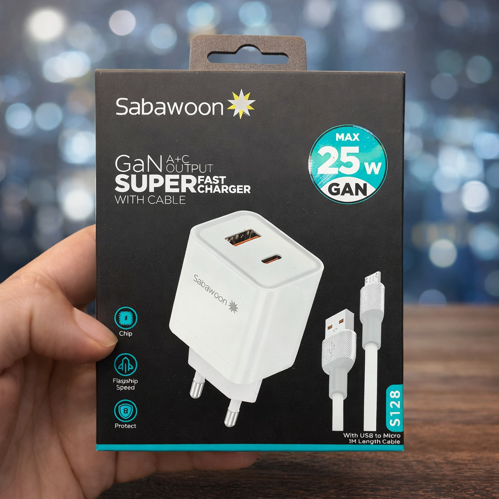Sabawoon 25W GaN A+C Fast Charger with Cable