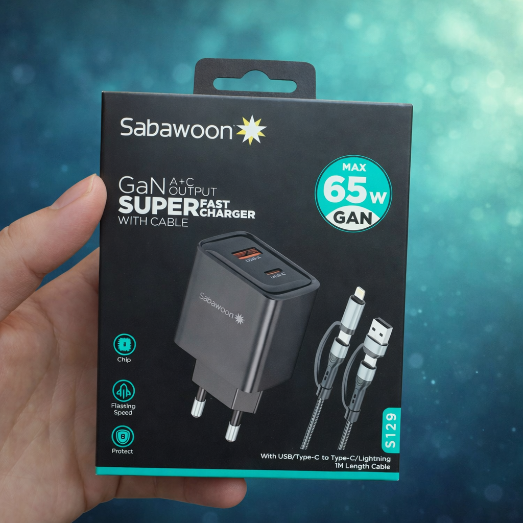 Sabawoon 65W GaN A+C Dual Port Super Fast Charger with Cable