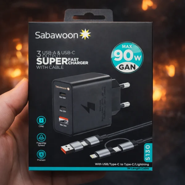 Sabawoon S130 90W GaN Fast Charger with 3 Ports & Cable