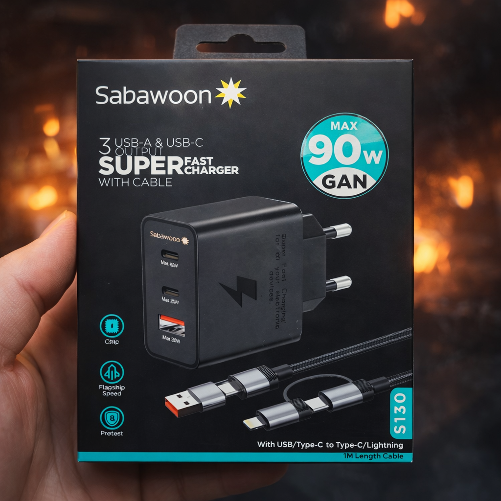 Sabawoon S130 90W GaN Fast Charger with 3 Ports & Cable