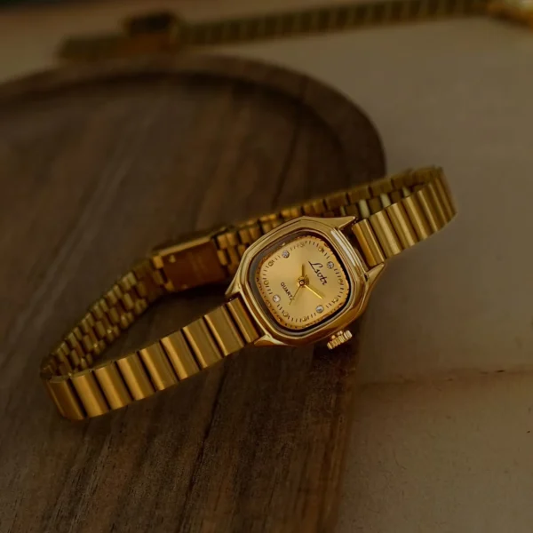 Gold Square Dial Women's Quartz Watch with Stainless Steel Strap