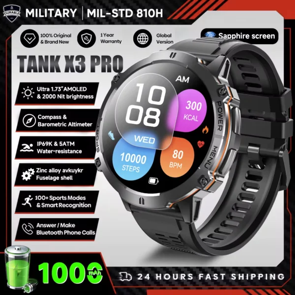 Military TANK X3 Smartwatch 1.73" AMOLED 10ATM Waterproof
