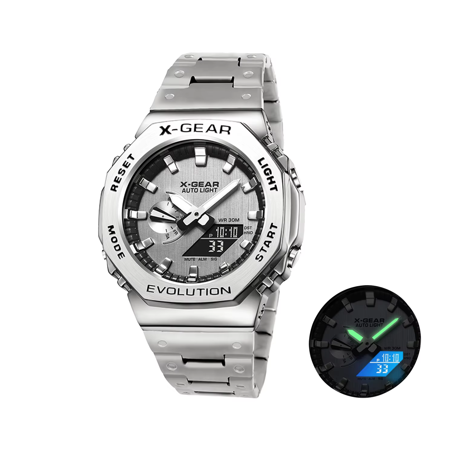 X-GEAR Digital Sports Unisex Watch Dual Display LED Steel Strap product image
