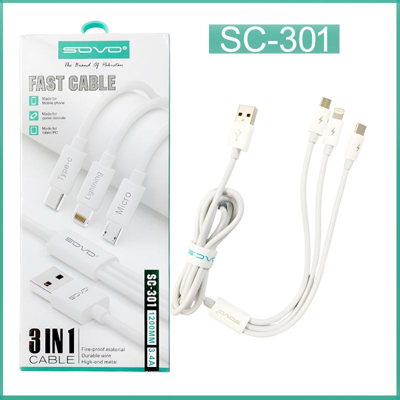 SOVO 3-in-1 Fast Charging Cable Micro USB Type-C Lightning