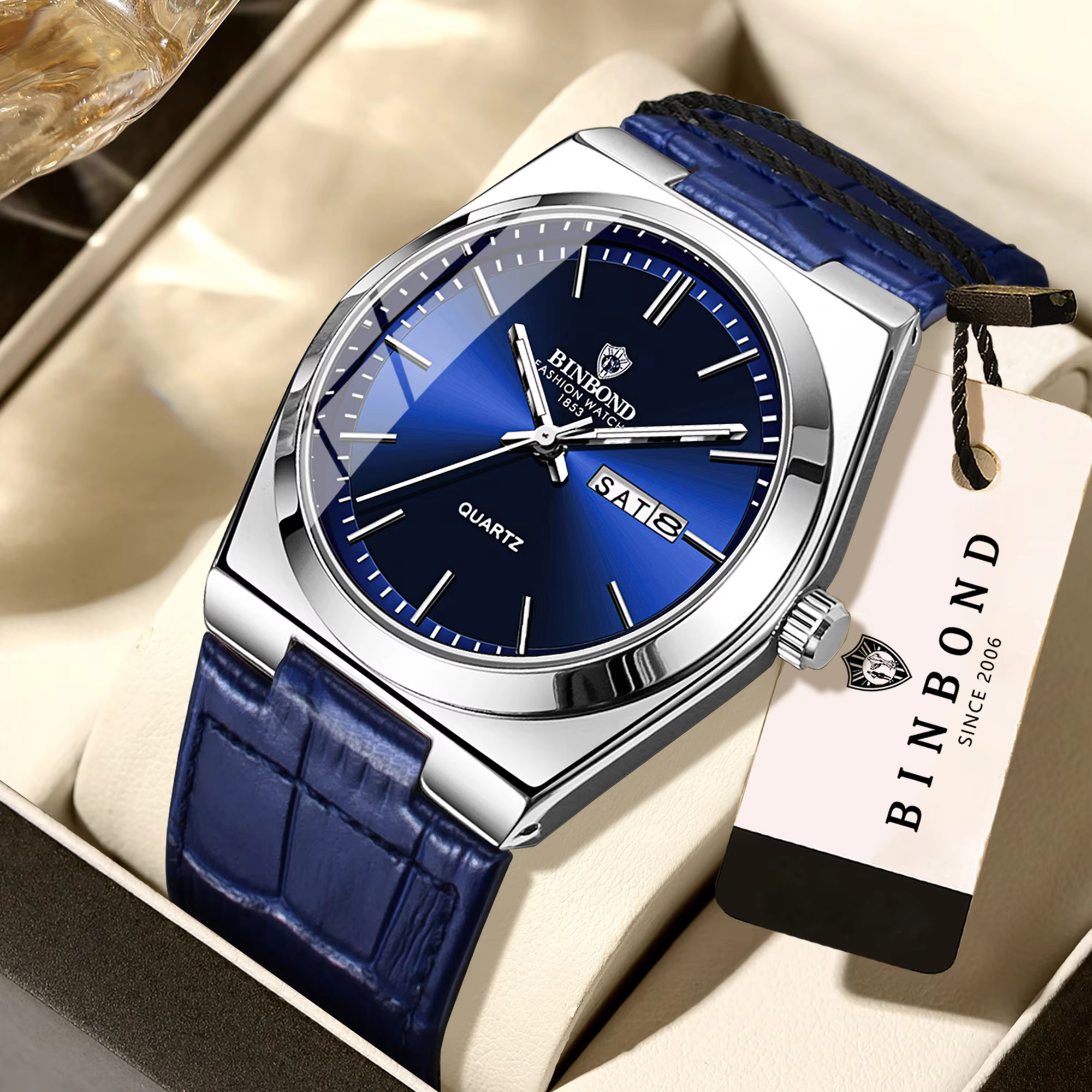 BINBOND Luxury Men's Leather Strap Quartz Watch