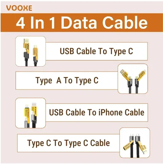 4 in 1 Data Cable Pack of 2 with USB-C & Lightning
