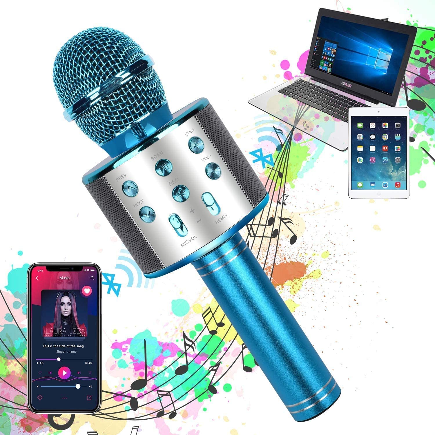Bluetooth Handheld Karaoke Mic Speaker for Android iOS PC