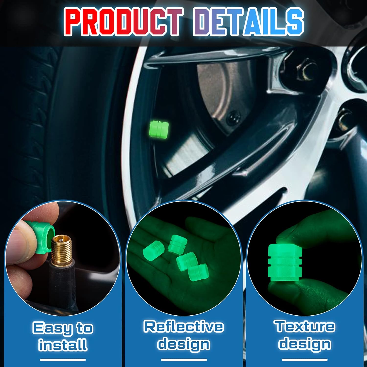Pack of 2 Glow-in-the-Dark Universal Tire Valve Caps